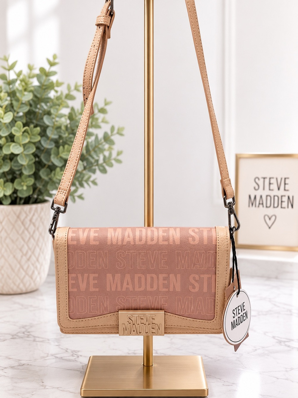 Steve Madden Pink and Tan Logo Crossbody Bag